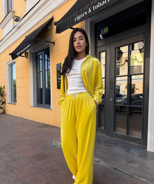 Спортивный костюм женский велюровый с худи на молнии с капюшоном и широкими брюками весенний