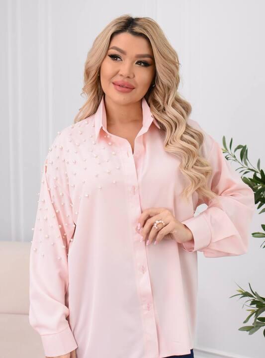 Рубашка женская из софта удлиненная оверсайз на пуговицах с жемчужным декором весенняя