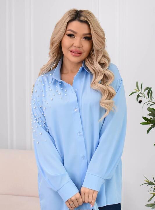 Рубашка женская из софта удлиненная оверсайз на пуговицах с жемчужным декором