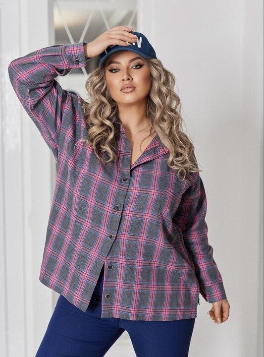 Рубашка женская фланелевая в клетку оверсайз с длинным рукавом на пуговицах весенняя