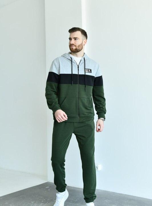 Спортивный костюм мужской из двунитки с капюшоном на молнии колор-блок с карманами свободного кроя весенний