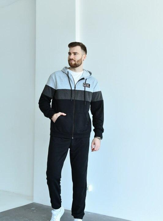 Спортивный костюм мужской из двунитки с капюшоном на молнии колор-блок с карманами с манжетами повседневный весенний