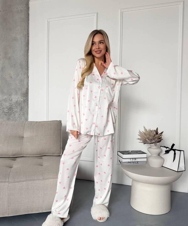 Пижама-двойка женская из шелка рубашка и брюки с принтом весенняя
