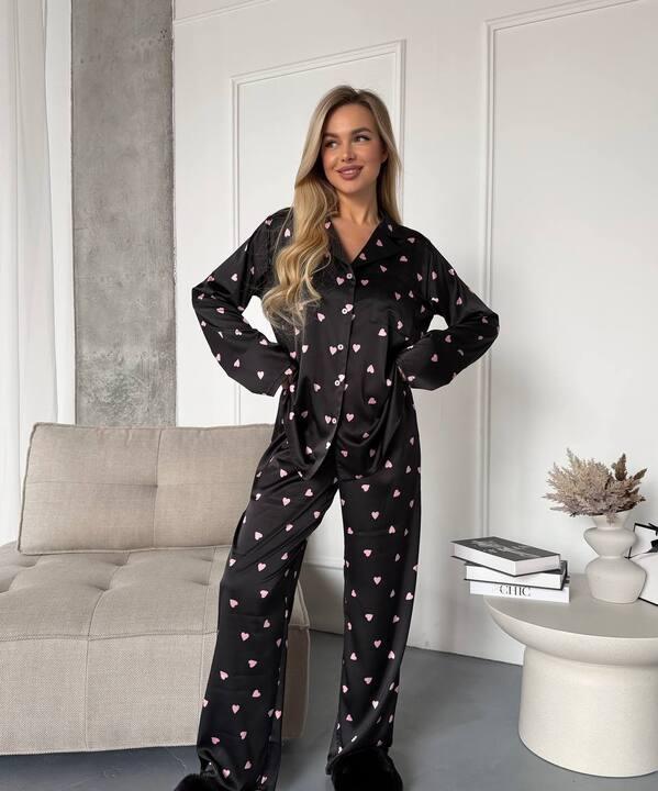 Пижама-двойка женская из шелка рубашка и брюки с принтом на пуговицах весенняя