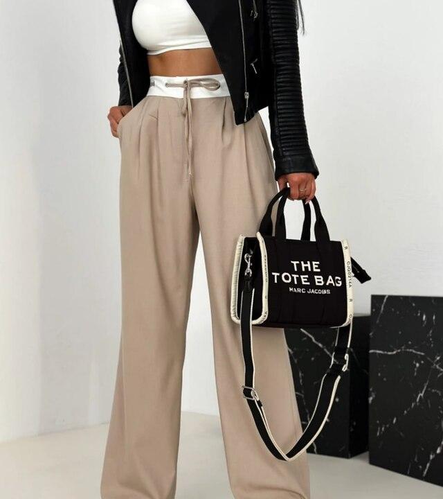 Брюки-палаццо женские из костюмной ткани на резинке с завязками широкие с карманами весенние