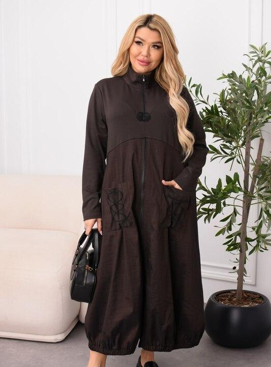 Платье-туника женское из двунитки и жатой плащевки на молнии с воротником-стойкой с карманами и шнуровкой миди весеннее