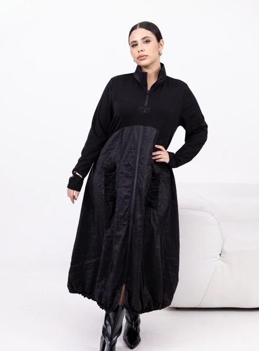 Платье-туника женское из двунитки и жатой плащевки на молнии с воротником-стойкой с карманами и шнуровкой миди весеннее