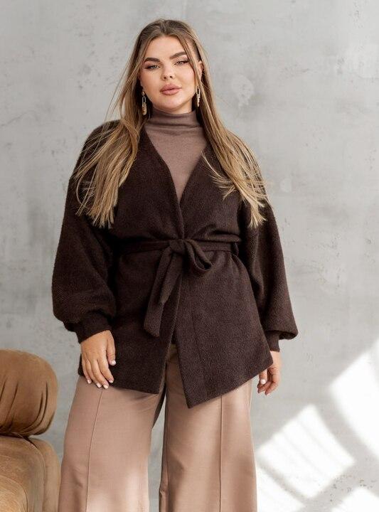 Кардиган женский из альпаки на запах с поясом и карманами удлинённый весенний