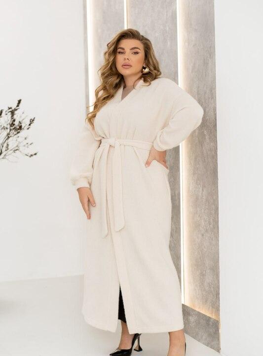 Кардиган женский из альпаки на запах с поясом и карманами удлинённый весенний