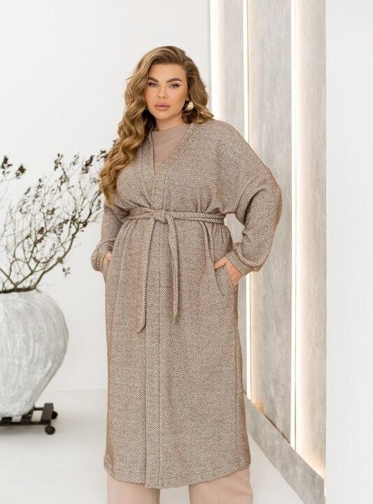 Кардиган женский из альпаки на запах с поясом и карманами удлинённый весенний