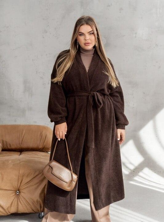 Кардиган женский из альпаки на запах с поясом и карманами удлинённый оверсайз весенний