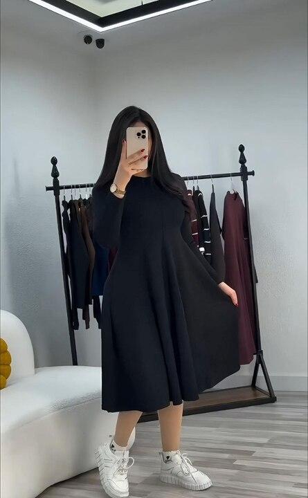 Платье-трапеция женское из двунитки миди свободного кроя с длинными рукавами весеннее