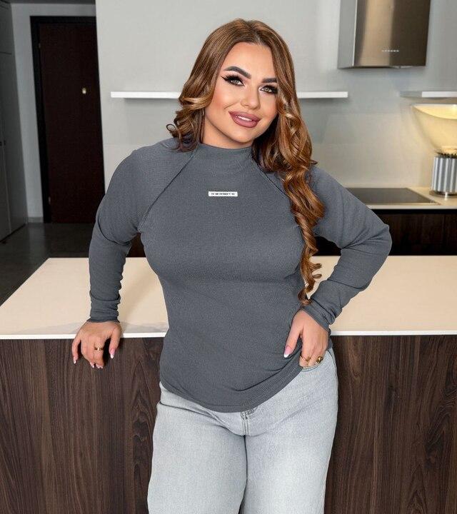 Лонгслив женский хлопковый из трикотажа рубчик с воротником-стойкой облегающий весенний