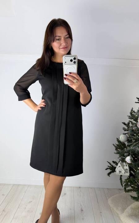 Платье-трапеция женское из костюмки и шифона со складками спереди с рукавом три четверти весеннее