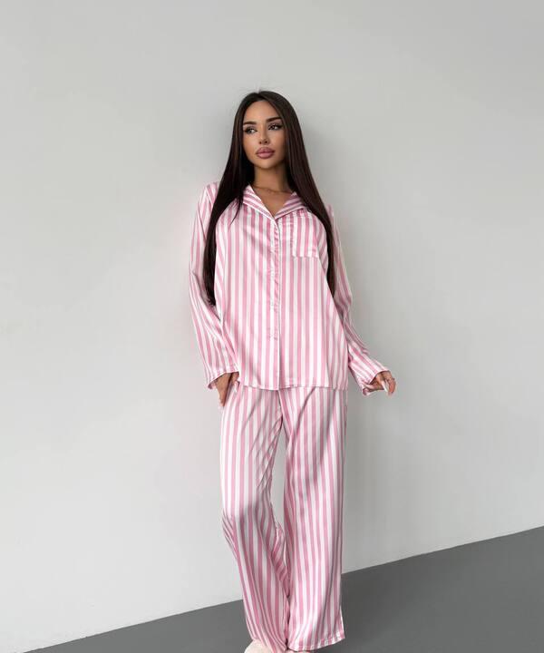 Пижама женская из шелка рубашка на пуговицах и брюки в полоску демисезонная