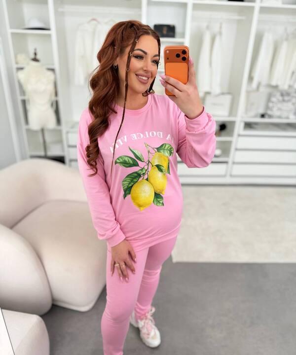 Спортивный костюм-двойка женский из двунитки со свитшотом и леггинсами с принтом лимоны демисезонный