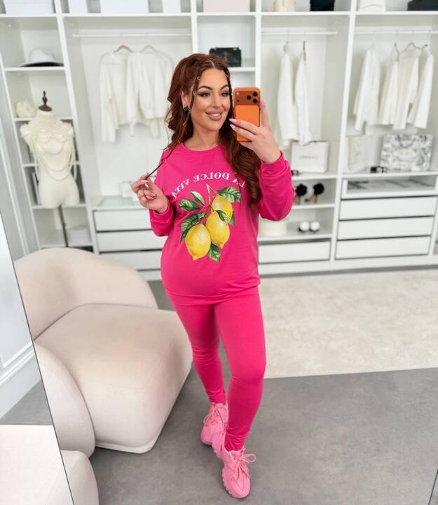 Спортивный костюм-двойка женский из двунитки со свитшотом и леггинсами с принтом лимоны демисезонный