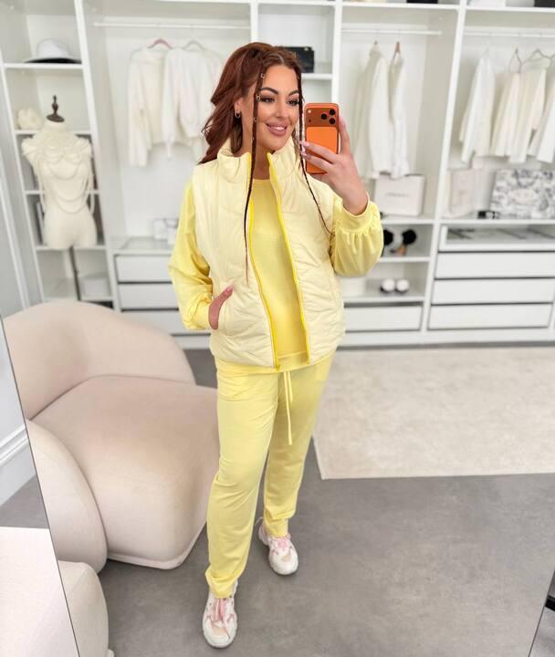 Спортивный костюм-тройка женский из двунитки и полиэстера: кофта на молнии с капюшоном брюки и жилетка утепленный демисезонный