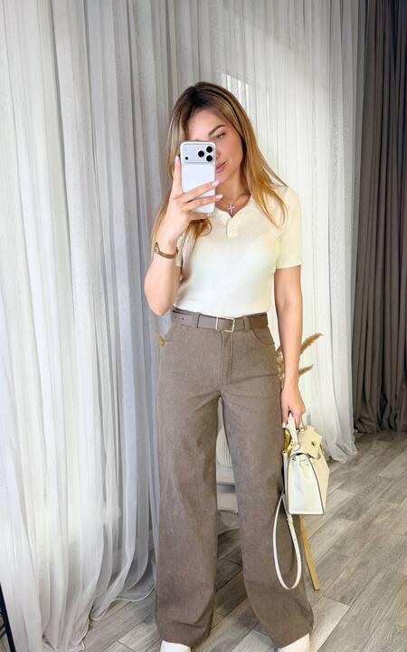 Брюки женские из вельвета стрейч палаццо широкие с высокой посадкой весенние