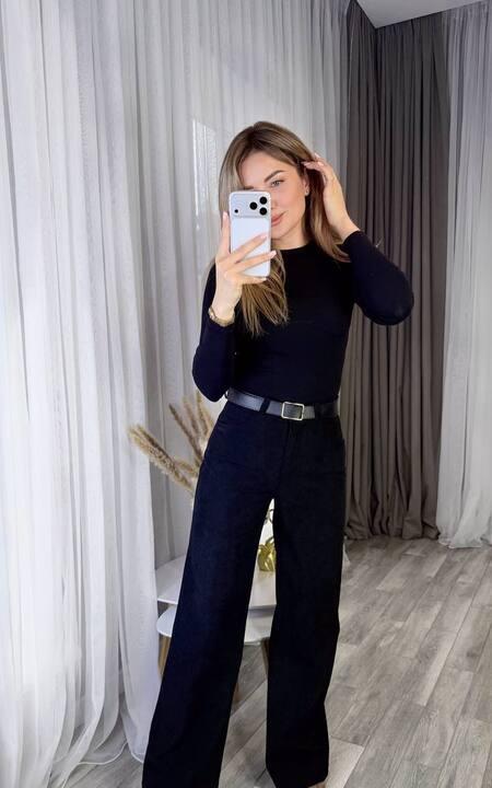 Брюки женские из вельвета стрейч палаццо широкие с высокой посадкой весенние