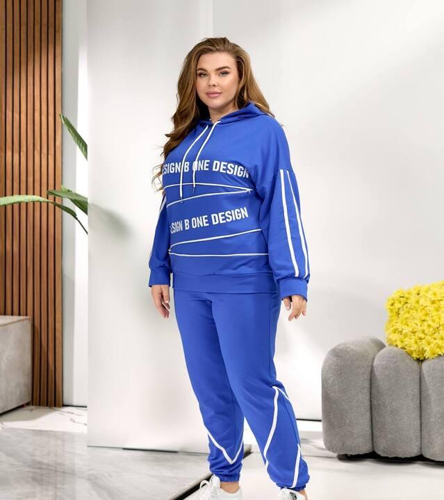 Прогулочный костюм-двойка женский из двунитки: худи с капюшоном и джоггеры с лампасами с надписью весенний