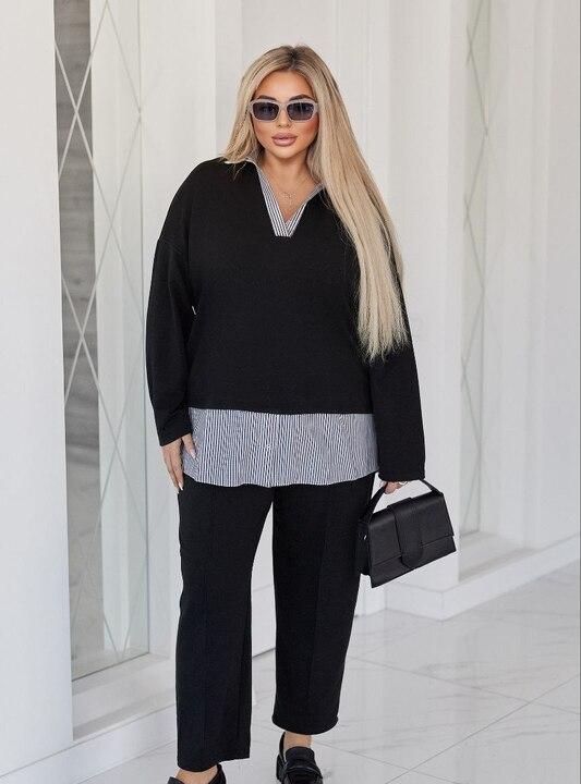 Костюм-двойка женский из двунитки и хлопка: удлиненная туника свободного кроя с V-образным вырезом и прямые брюки повседневный оверсайз весенний