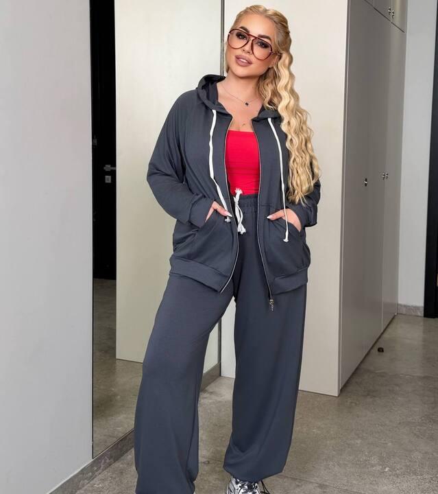 Спортивный костюм женский из двунитки с кофтой на молнии и капюшоном брюками палаццо с фиксаторами оверсайз демисезонный