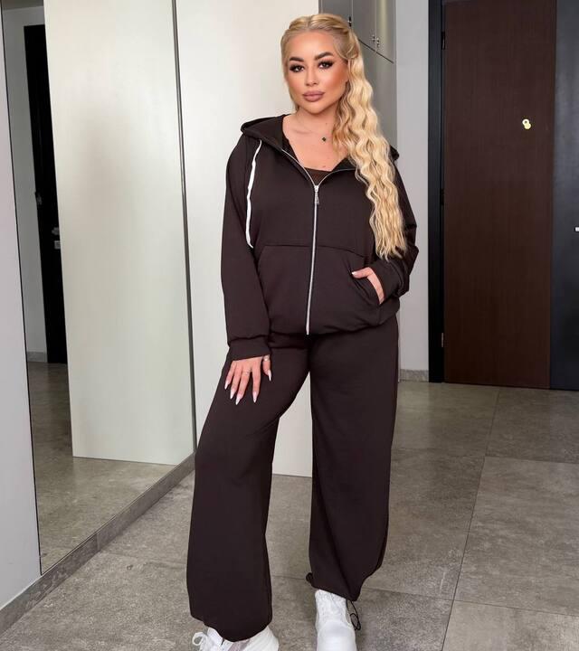 Спортивный костюм женский из двунитки с кофтой на молнии и капюшоном брюками палаццо с фиксаторами оверсайз демисезонный