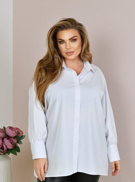 Блуза женская из софта свободного прямого кроя с воротником на пуговицах и длинными рукавами демисезонная