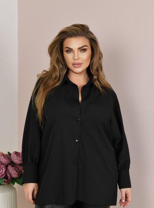 Блуза женская из софта свободного прямого кроя с воротником на пуговицах и длинными широкими рукавами демисезонная