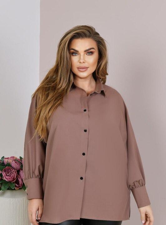 Блуза женская из софта свободного прямого кроя с воротником на пуговицах и длинными широкими рукавами демисезонная