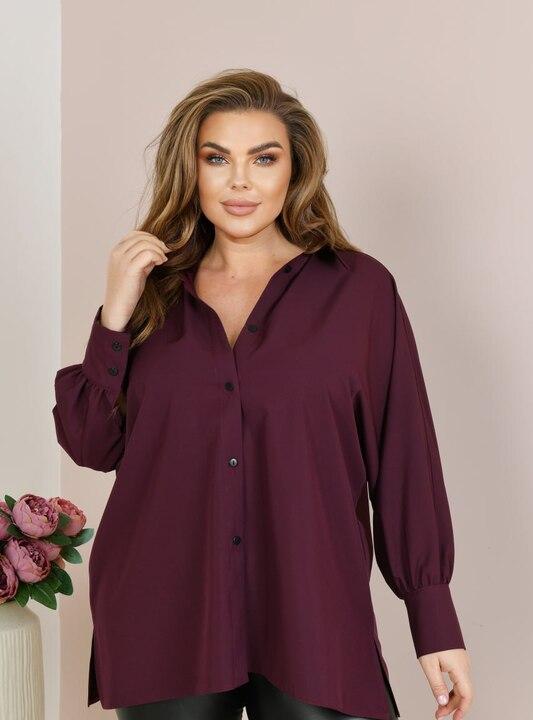 Блуза женская из софта свободного прямого кроя с воротником на пуговицах и длинными широкими рукавами демисезонная