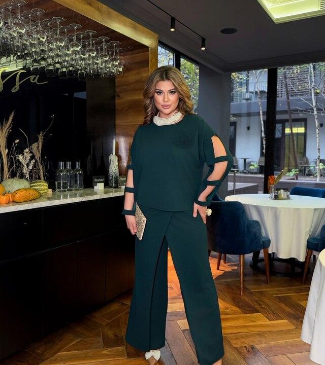 Костюм женский из крепа и стрейча вечерний двойка блуза и брюки большого размера однотонный осенний