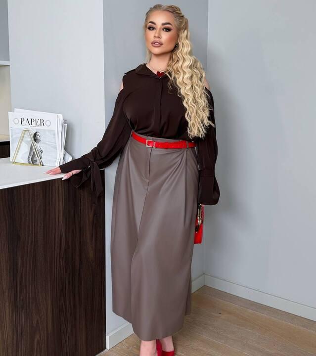 Юбка женская из экокожи А-силуэта миди с высокой посадкой весенняя