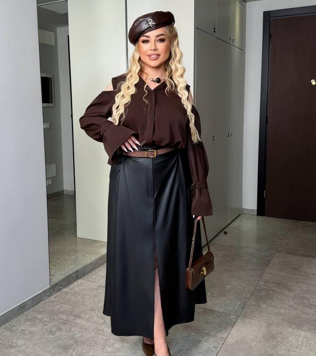 Юбка женская из экокожи А-силуэта миди с высокой посадкой весенняя