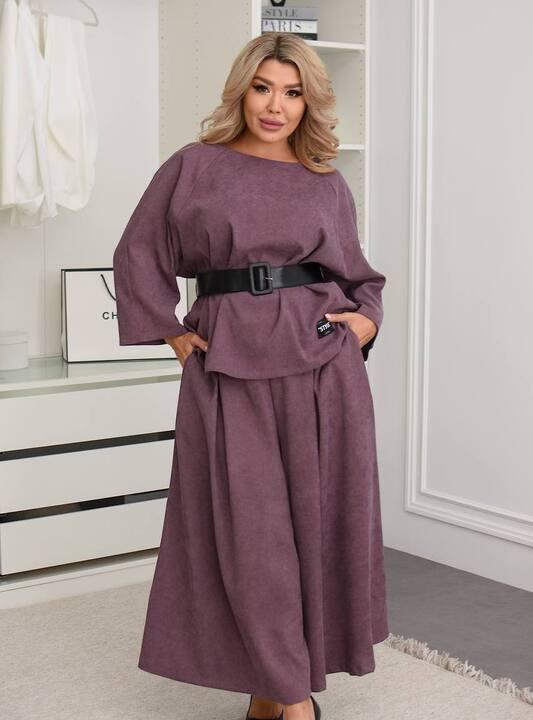 Костюм-двойка женский вельветовый с туникой и широкими брюками свободного кроя весенний