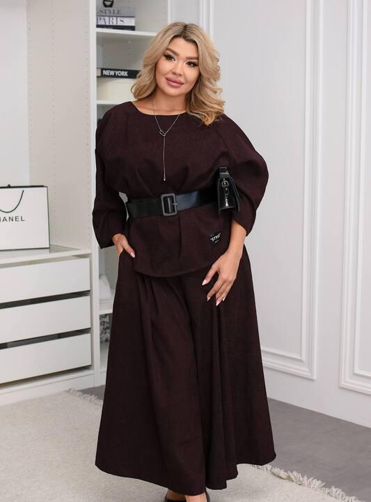 Костюм-двойка женский вельветовый с туникой и широкими брюками свободного кроя весенний