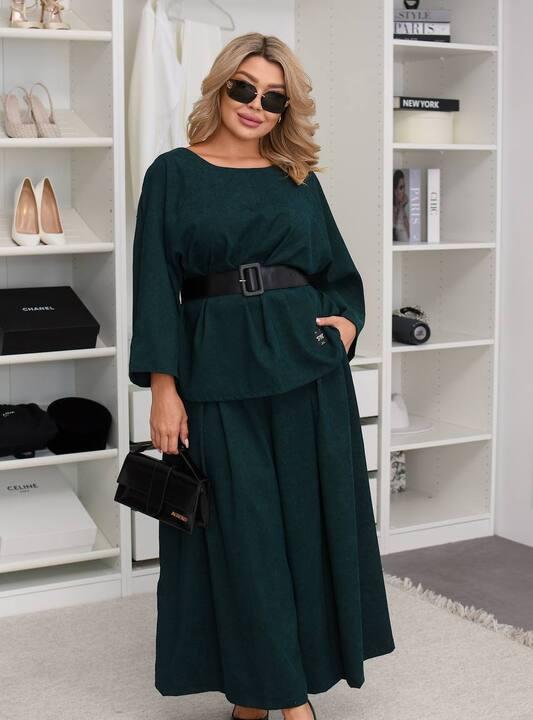 Костюм-двойка женский вельветовый с туникой и широкими брюками свободного кроя весенний