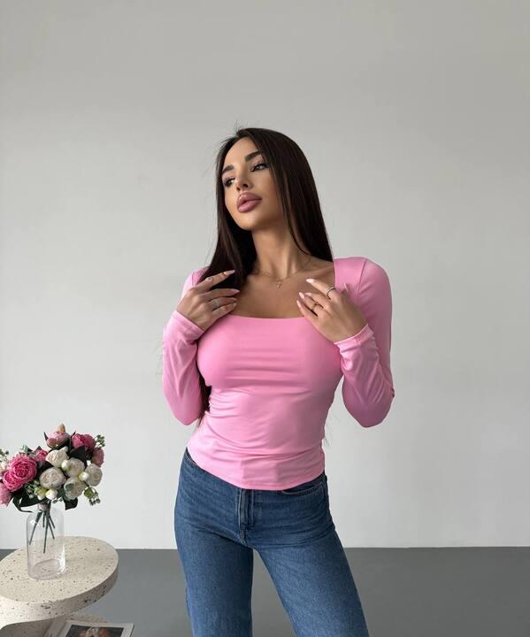 Лонгслив женский из микродайвинга приталенный с длинным рукавом и квадратным вырезом весенний