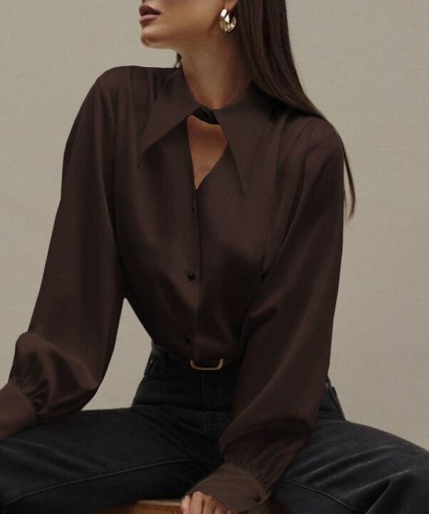 Блуза женская шелковая свободного кроя с длинным рукавом и воротником-чокером на пуговицах демисезонная