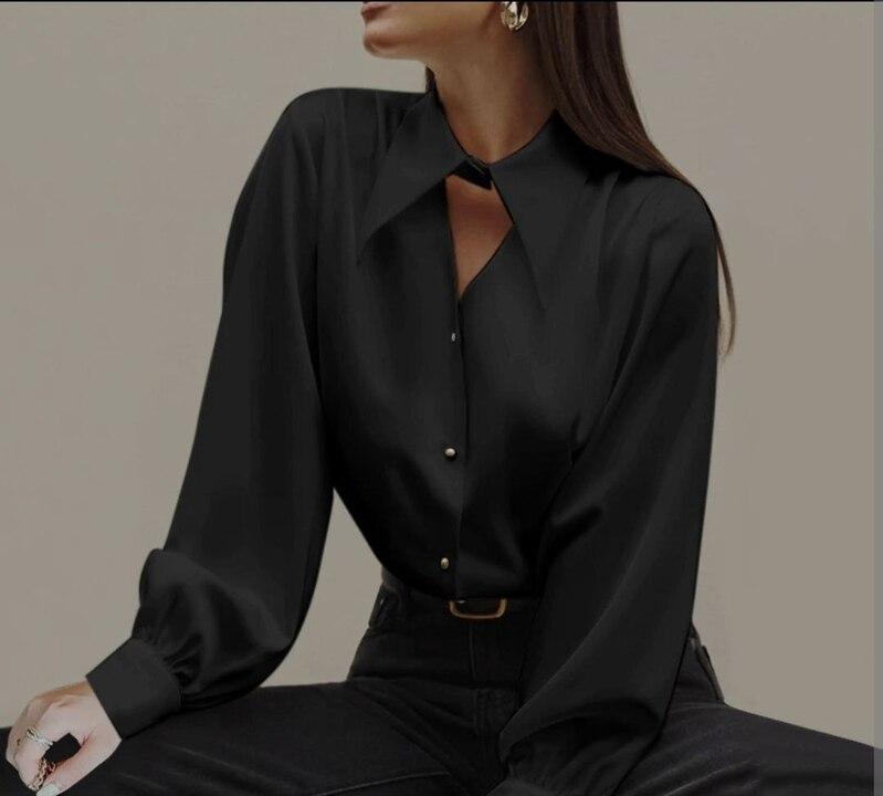 Блуза женская шелковая свободного кроя с длинным рукавом и воротником-чокером на пуговицах демисезонная
