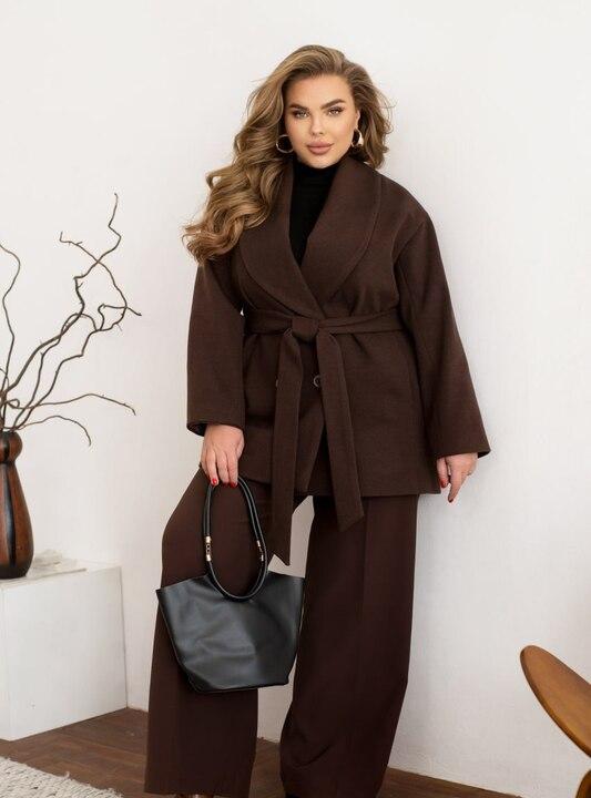 Пальто женское из кашемира твида укороченное двубортное с поясом на подкладке весеннее