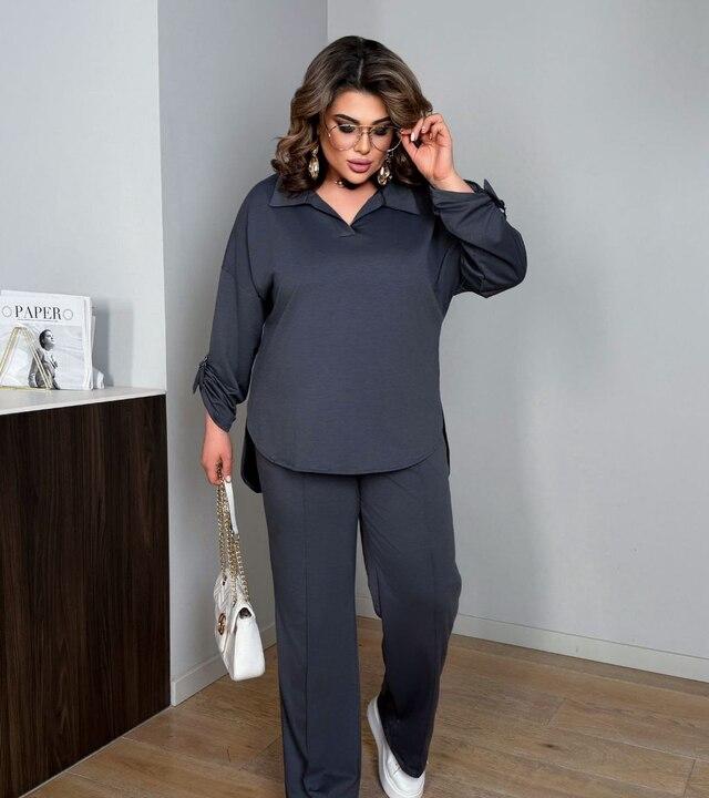 Костюм двойка женский из двунитки с кофтой оверсайз с V-образным вырезом и прямыми брюками весенний