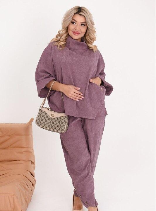 Костюм-двойка женский вельветовый оверсайз в стиле бохо с туникой и брюками на резинке весенний