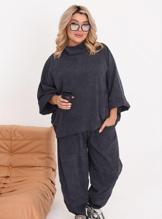 Костюм-двойка женский вельветовый оверсайз в стиле бохо со свободной туникой и брюками на резинке весенний