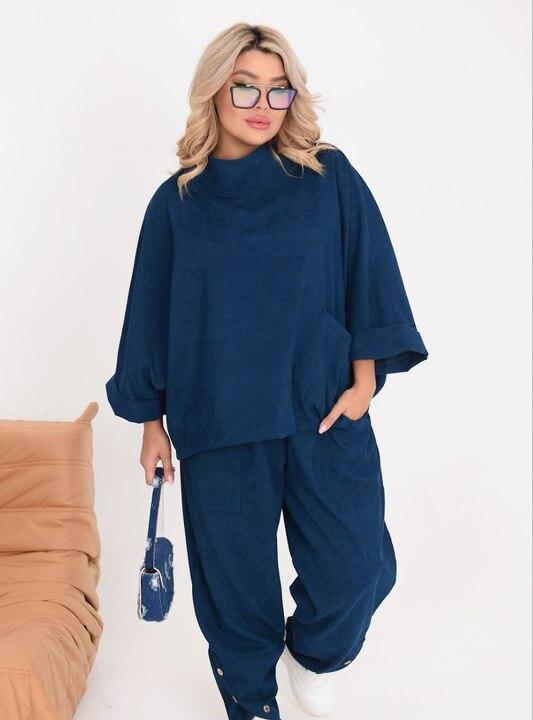 Костюм-двойка женский вельветовый оверсайз в стиле бохо со свободной туникой и брюками на резинке весенний