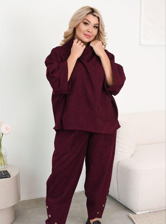 Костюм-двойка женский вельветовый оверсайз в стиле бохо со свободной туникой и брюками на резинке весенний