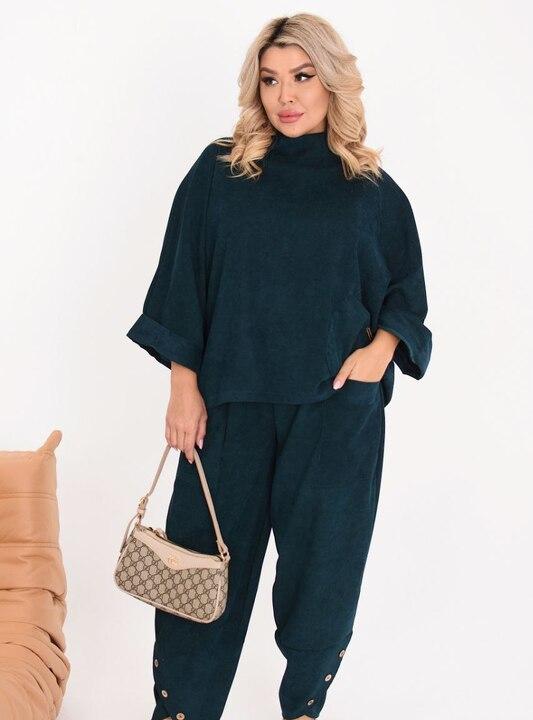 Костюм-двойка женский вельветовый оверсайз в стиле бохо со свободной туникой и брюками на резинке весенний