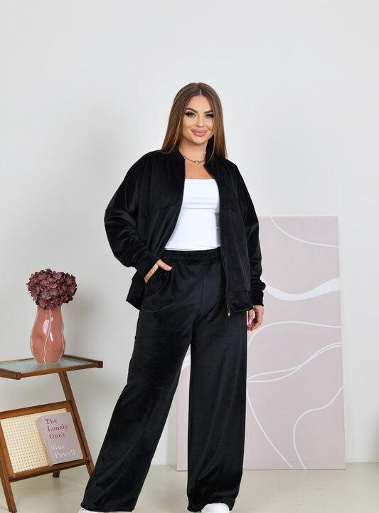 Спортивный костюм женский из велюра с кофтой на молнии и широкими брюками оверсайз демисезонный