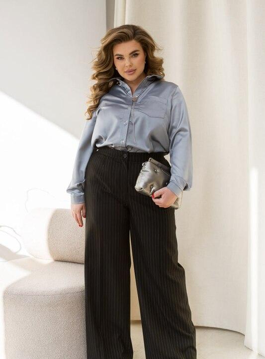 Брюки женские из тиара палаццо широкие с высокой посадкой на резинке сзади в полоску деловые весенние